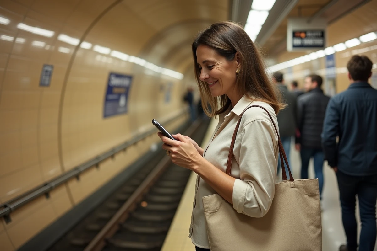 Femme montant dans le métro de Marseille avec son téléphone et un sac en toile, station souterraine animée