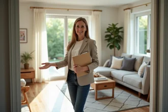 Femme souriante dans un intérieur moderne et lumineux