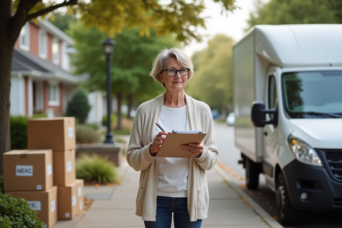 Femme mature préparant des cartons devant un camion de déménagement