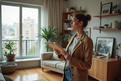 Jeune femme inspectant un salon moderne et organisé