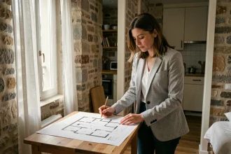 Femme examinant un plan d'appartement T1 dans un studio parisien aux murs en pierre