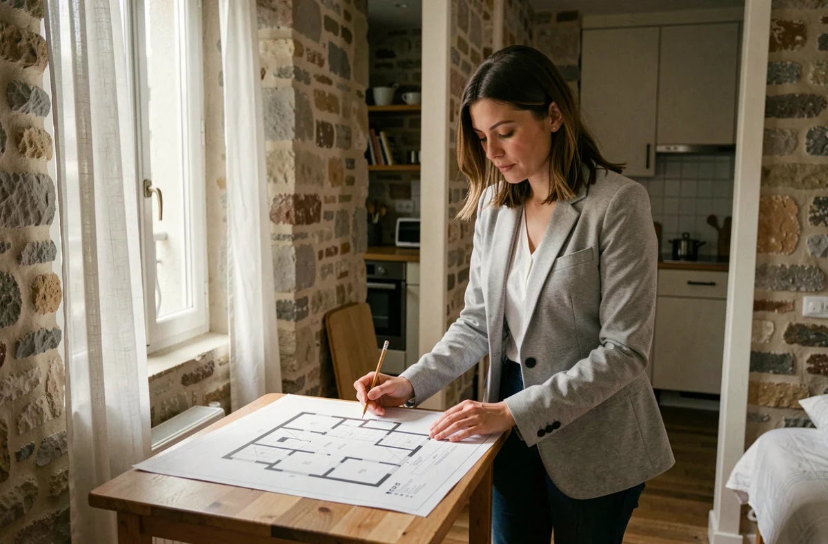 Femme examinant un plan d'appartement T1 dans un studio parisien aux murs en pierre