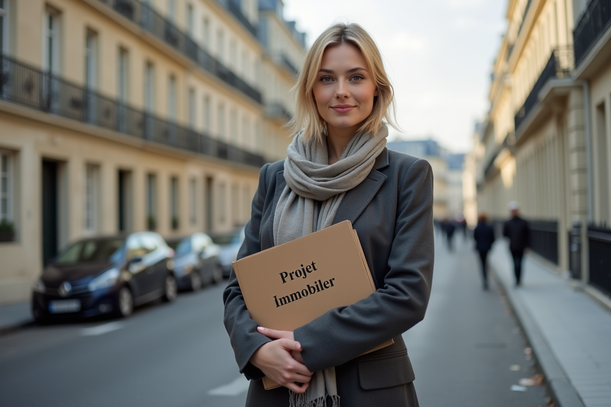 Jeune femme debout dans la rue avec dossier immobilier