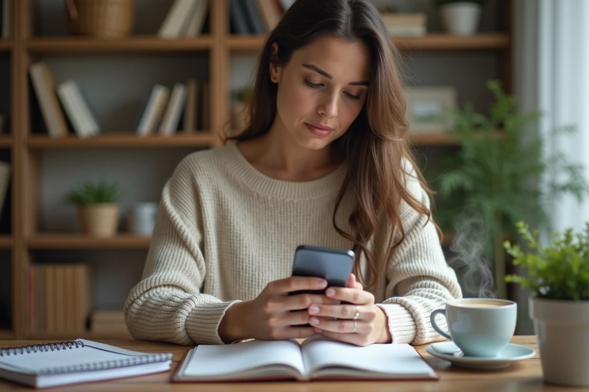 Jeune femme utilise son smartphone pour rechercher un indice locatif