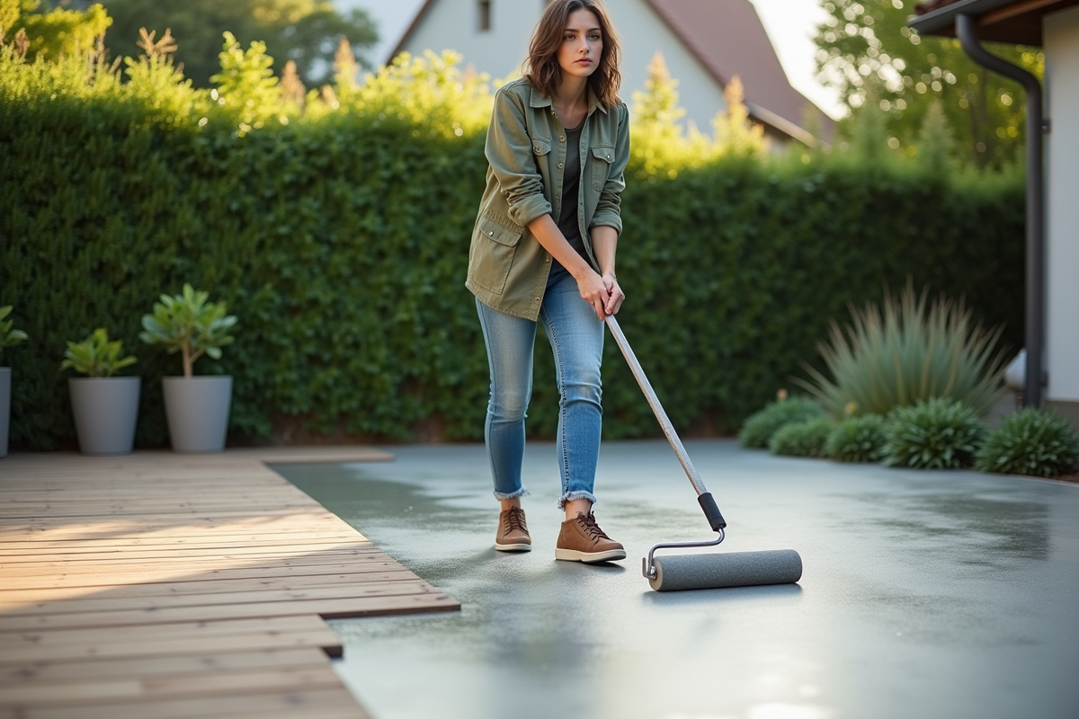 Jeune femme appliquant de la résine sur une terrasse en bois