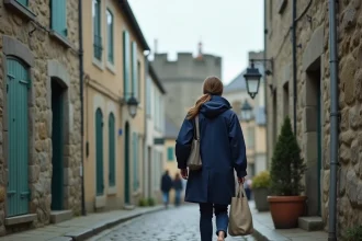 Femme marchant dans les rues pavées de l'intra-muros de Saint-Malo, quartier idéal pour séjourner sans voiture