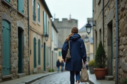 Femme marchant dans les rues pavées de l'intra-muros de Saint-Malo, quartier idéal pour séjourner sans voiture