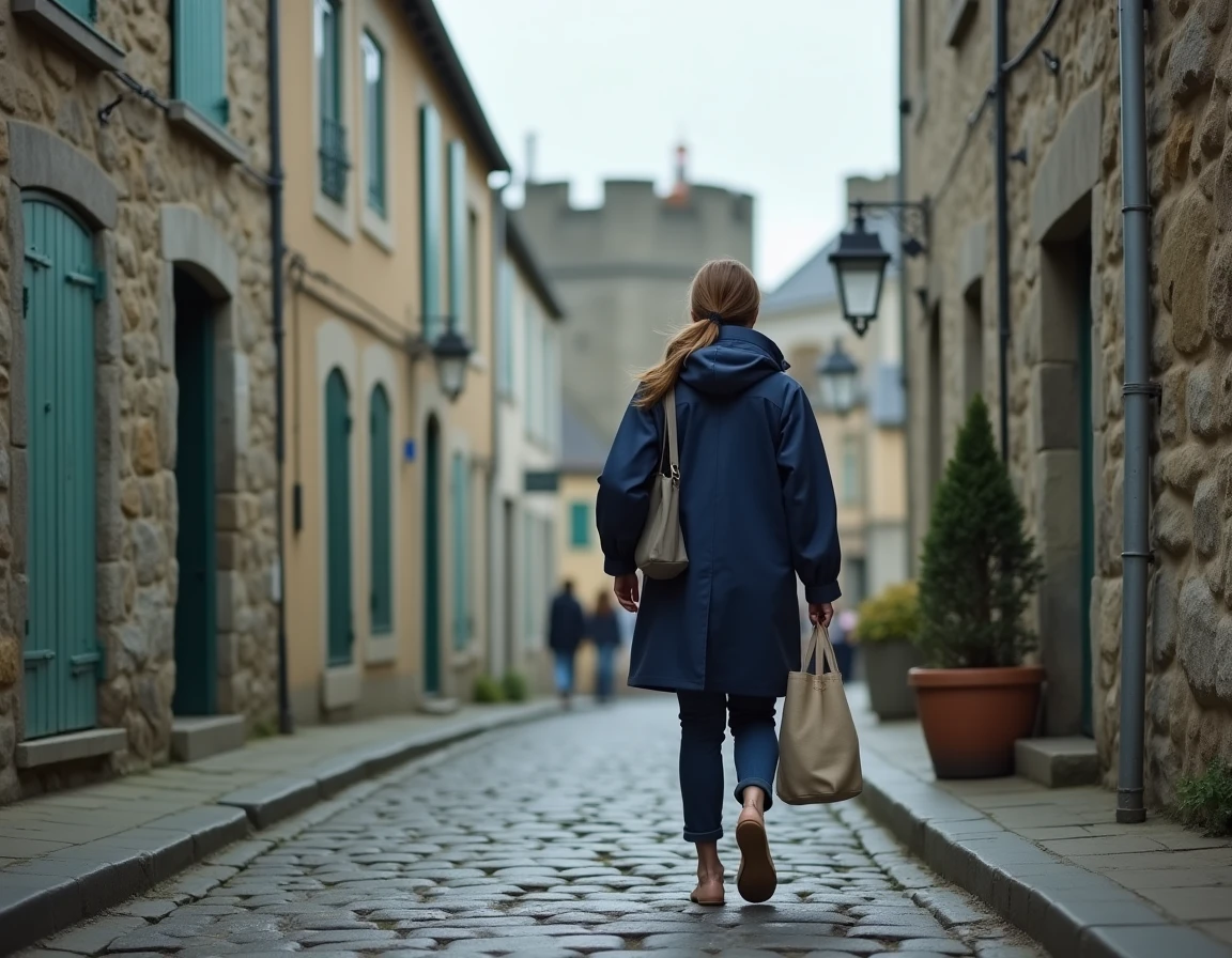 Femme marchant dans les rues pavées de l'intra-muros de Saint-Malo, quartier idéal pour séjourner sans voiture