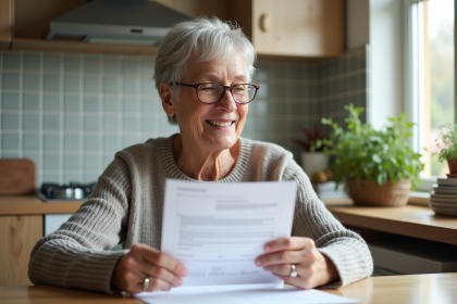 Femme senior souriante tenant un document dans la cuisine lumineuse