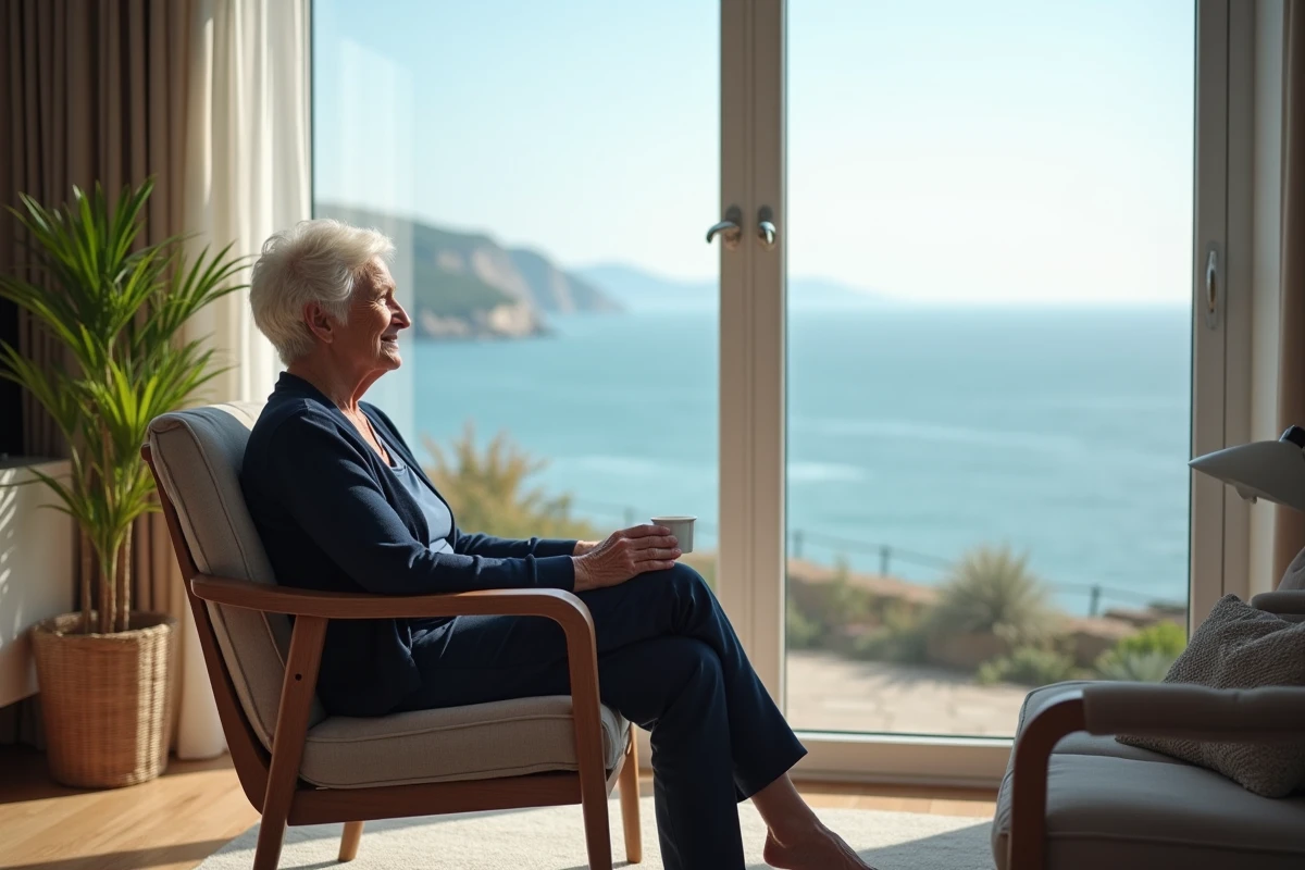 Femme senior regardant la mer depuis salon lumineux
