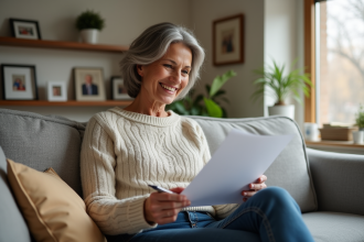 Femme souriante en intérieur vérifiant documents d'assurance habitation