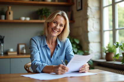Femme souriante en intérieur avec documents et clés
