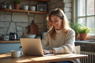 Femme souriante utilisant un ordinateur dans une cuisine moderne belge