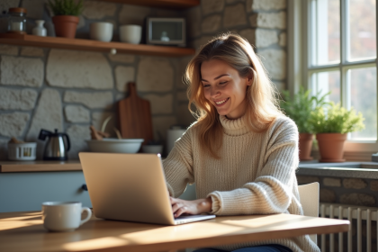 Femme souriante utilisant un ordinateur dans une cuisine moderne belge