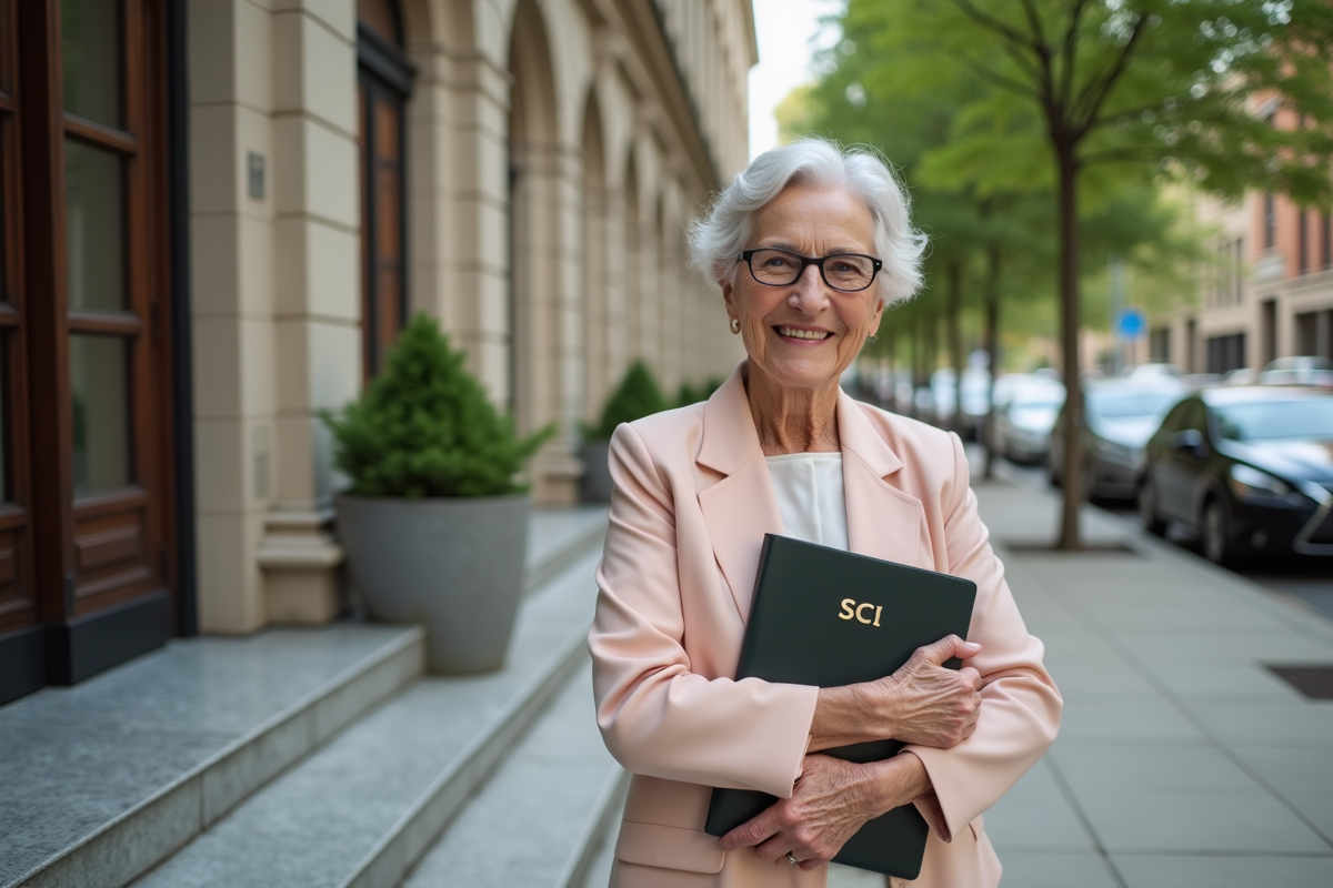 Femme âgée souriante devant une agence bancaire ancienne