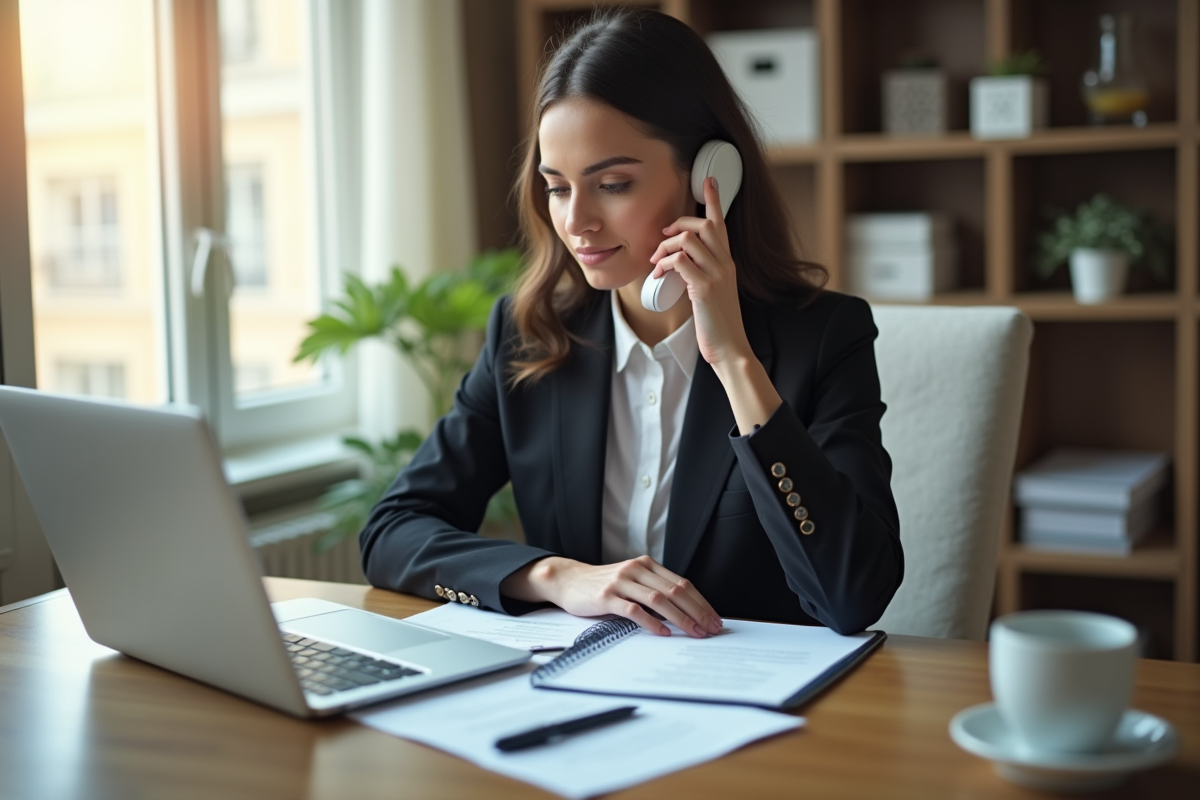 Jeune femme sérieuse au bureau parlant au téléphone