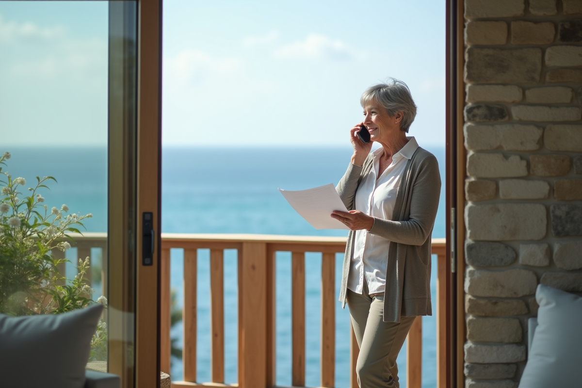 Femme âgée parlant au téléphone sur la terrasse en bord de mer
