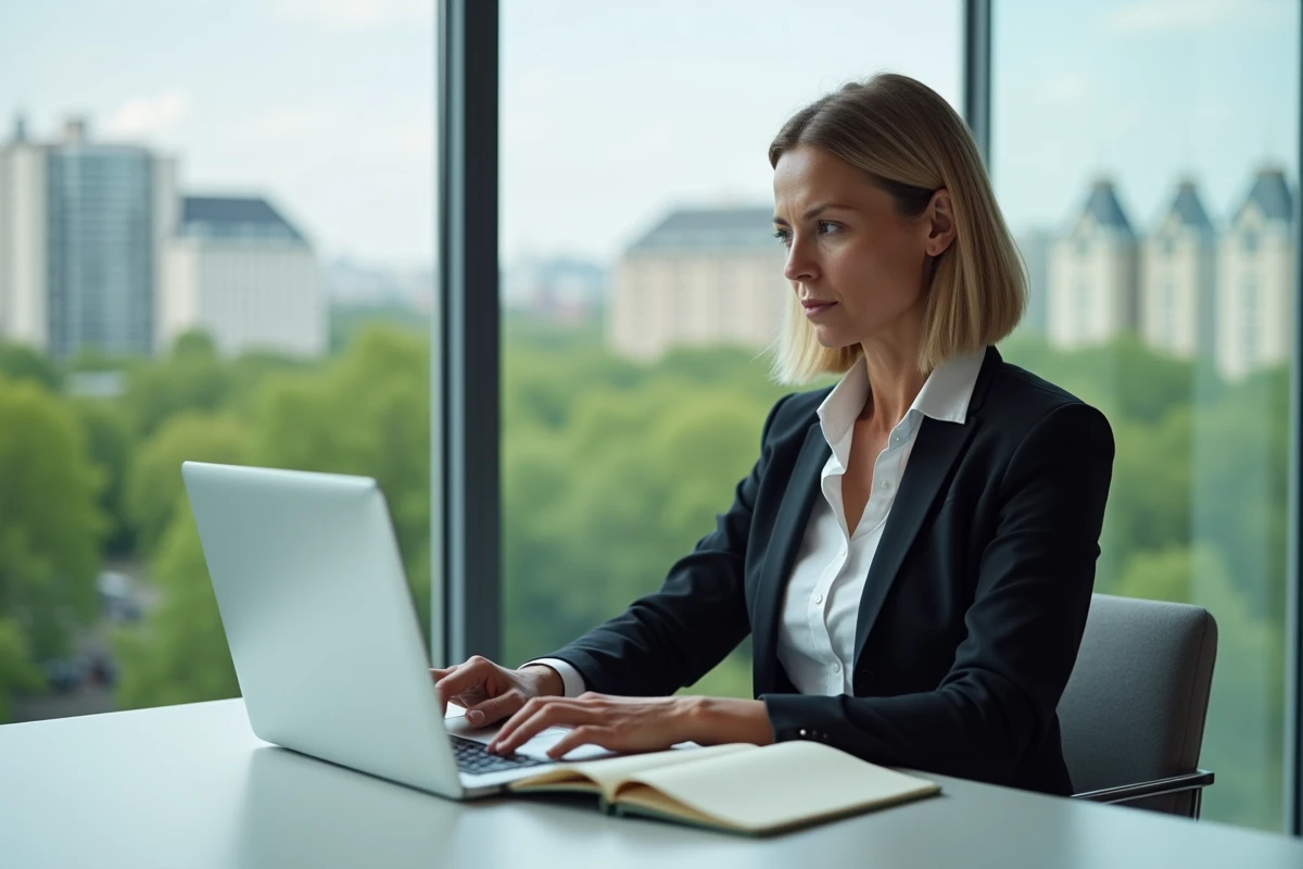 Femme au bureau avec ordinateur et vue urbaine