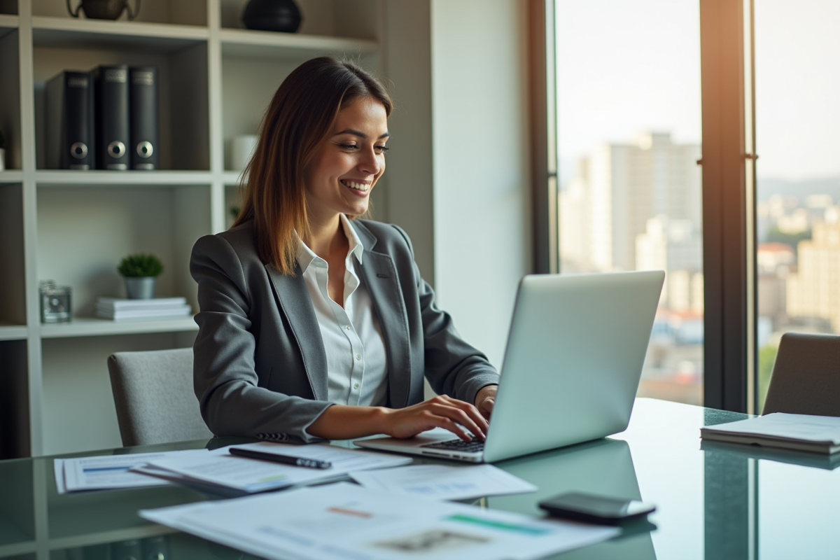 Femme professionnelle souriante travaille sur ordinateur au bureau