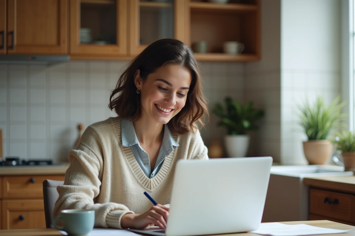 Jeune femme souriante travaillant sur un ordinateur dans sa cuisine