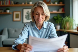 Femme d'âge moyen examine des documents de valuation immobilière