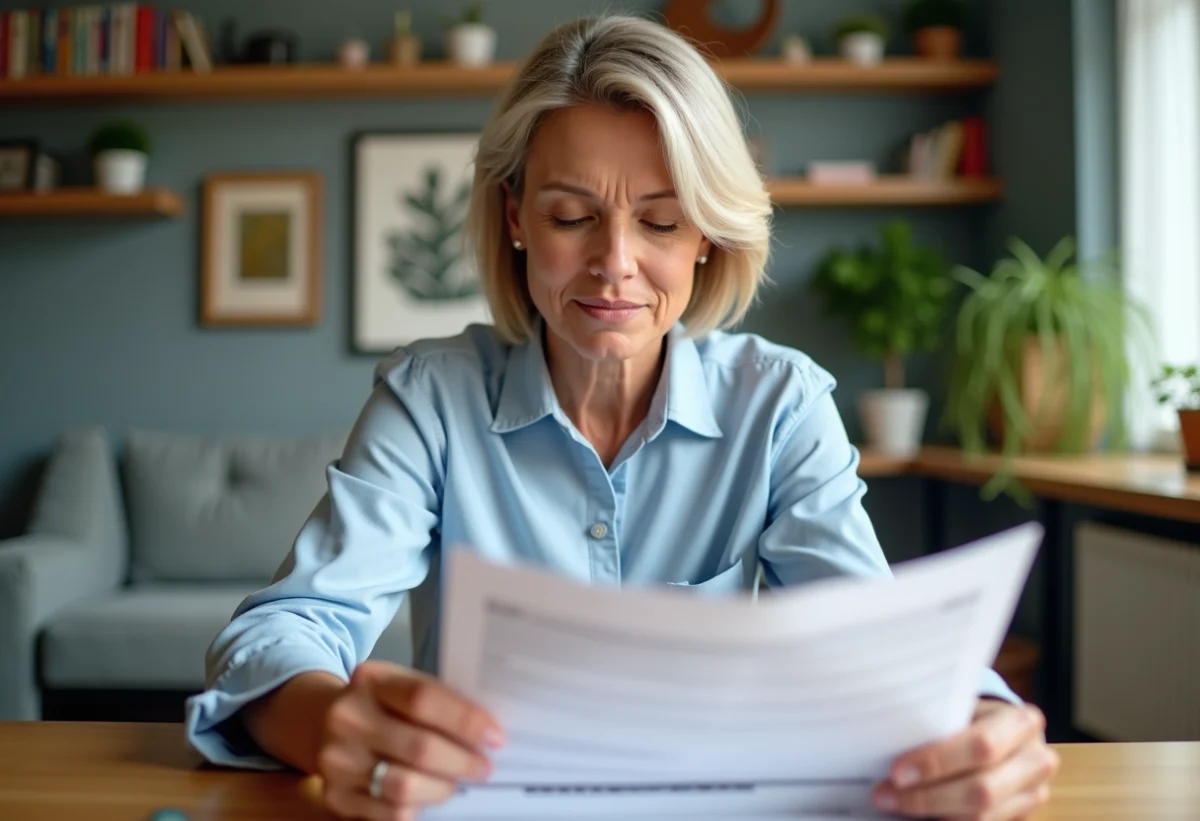 Femme d'âge moyen examine des documents de valuation immobilière