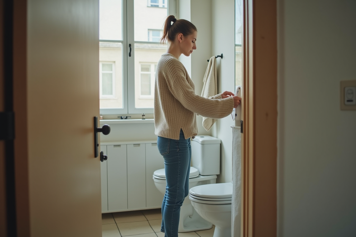 Jeune femme examine un lavabo dans une salle de bain