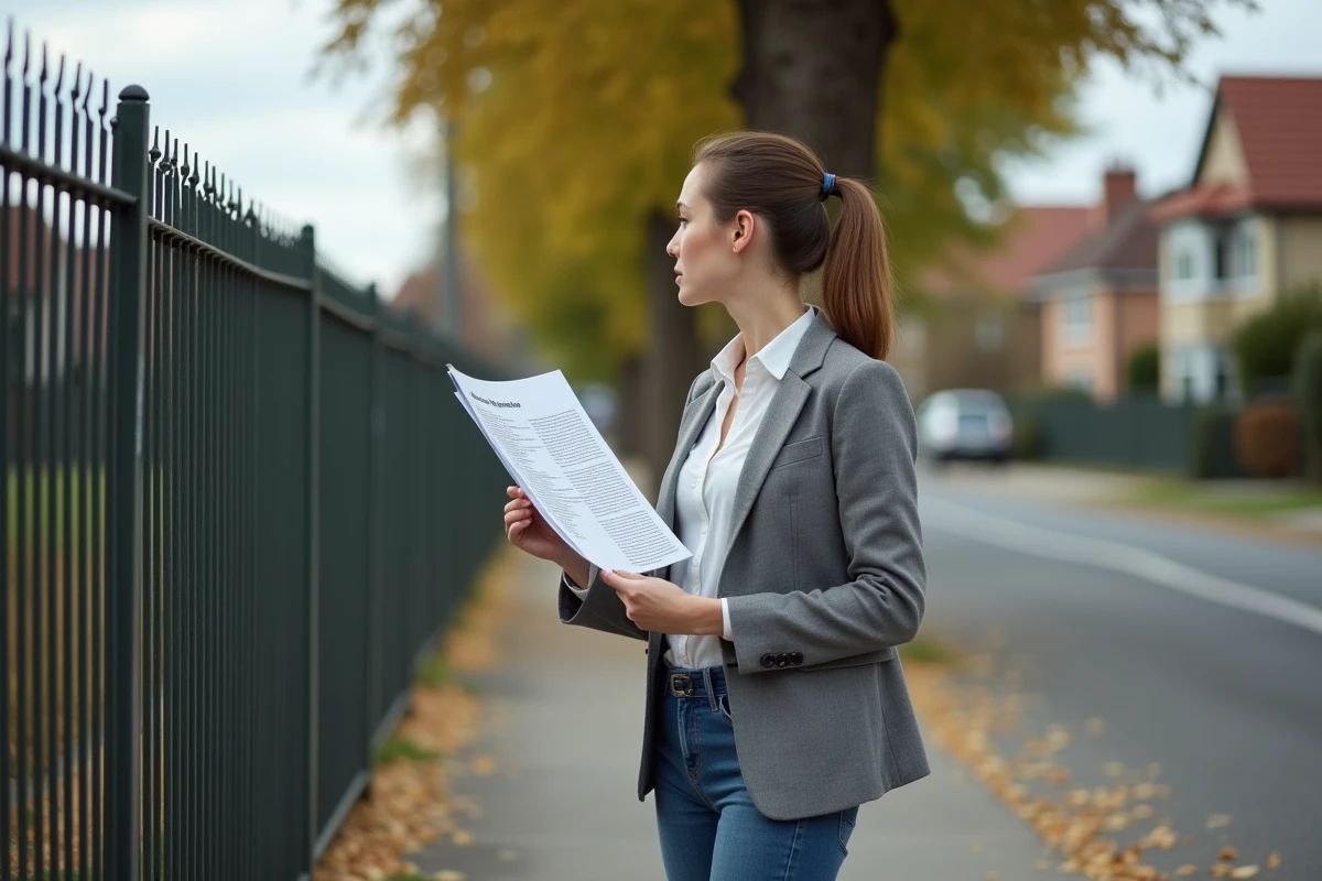 Jeune femme regardant un avis de zonage devant une maison en banlieue