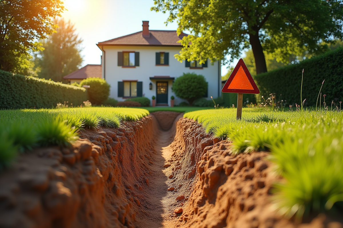 Fissure profonde dans un jardin sec avec maison en arrière-plan