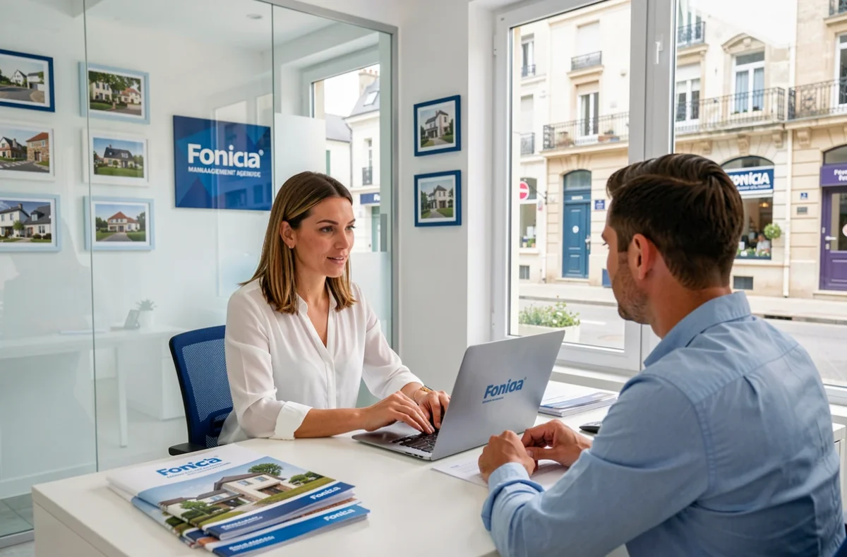 Conseillère Foncia en réunion avec un client copropriétaire dans une agence de l'Ain