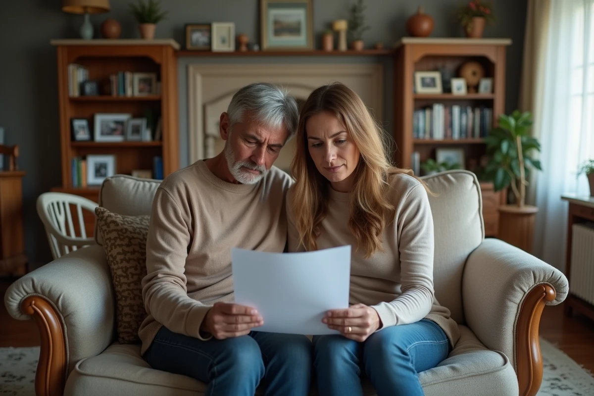 Frère et sœur adultes examinant ensemble des documents juridiques sur la succession et le rachat de la maison parentale