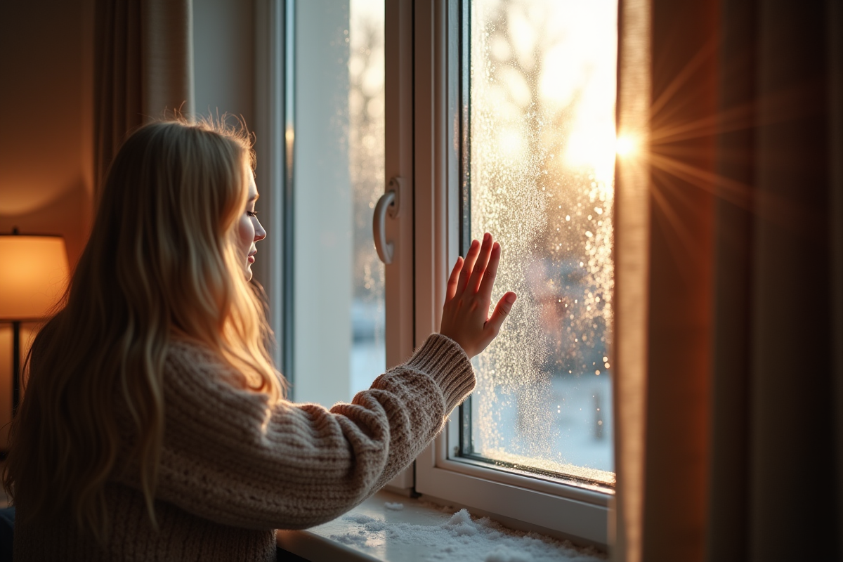 Personne touchant une vitre givree dans un salon froid