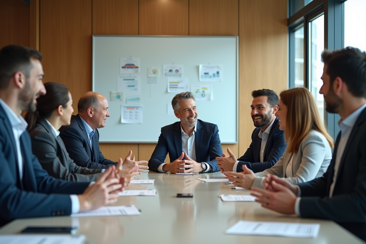 Groupe de collègues en discussion dans une salle de réunion