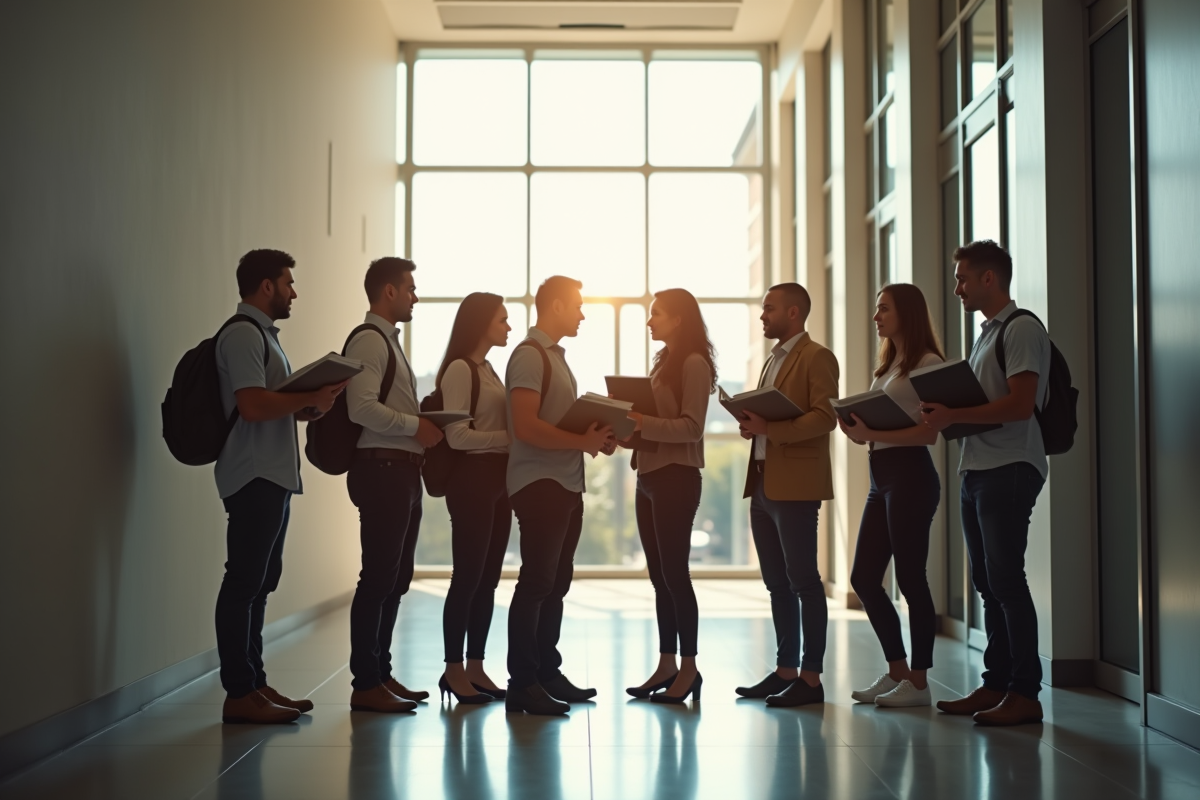 Groupe de locataires dans un couloir lumineux