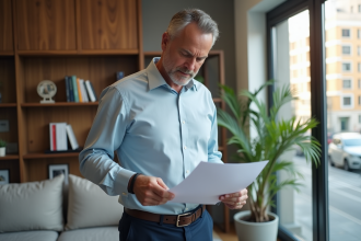 Homme d'affaires dans un appartement moderne en train de lire un document