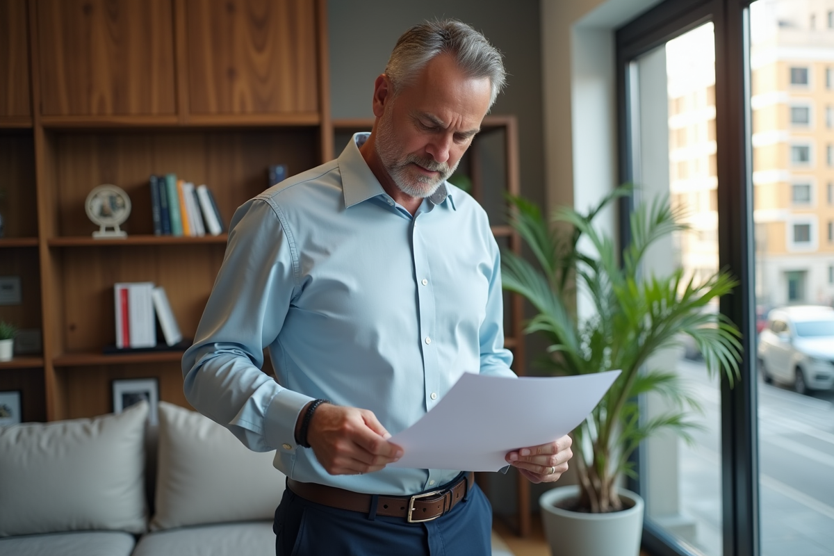 Homme d'affaires dans un appartement moderne en train de lire un document