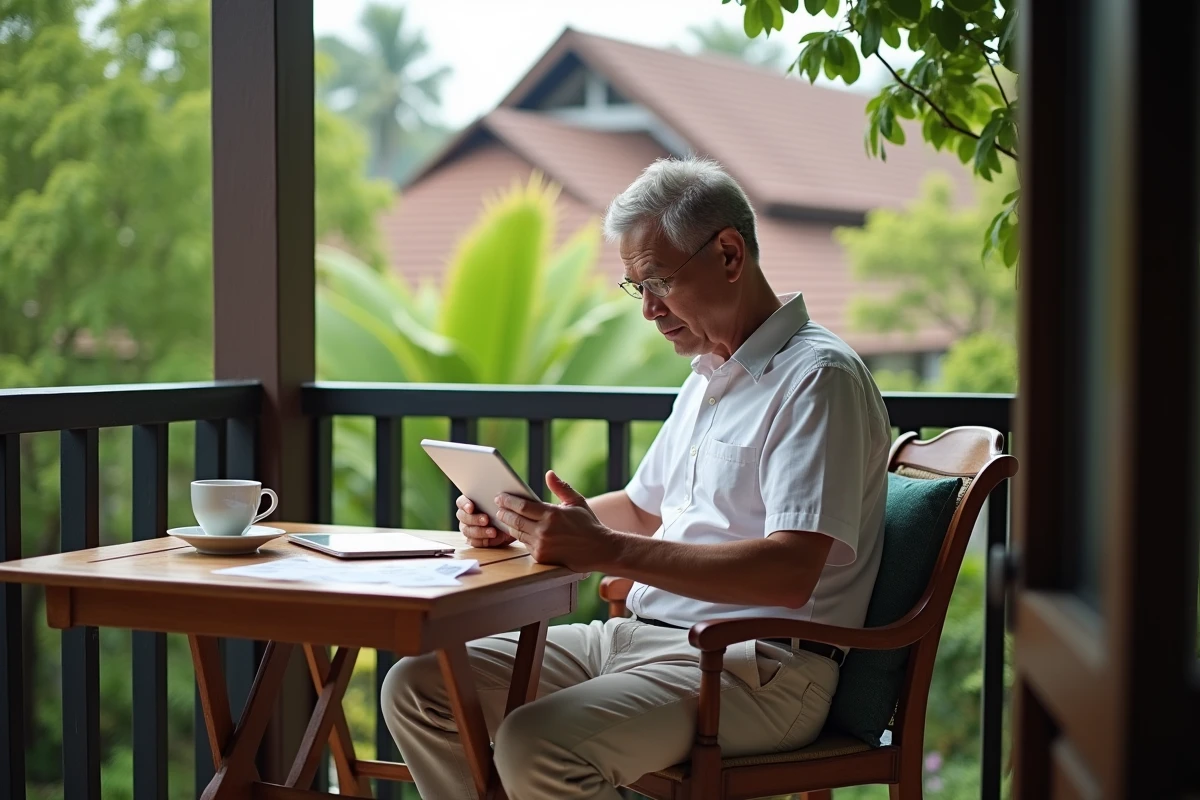 Homme m&eacute;ditant sur balcon tropical avec tablette et caf&eacute;