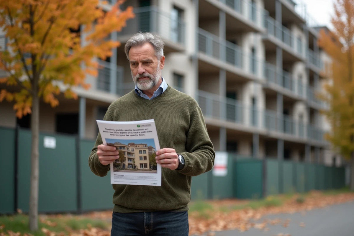 Homme consultant une brochure du 1 pour cent logement devant un immeuble en construction