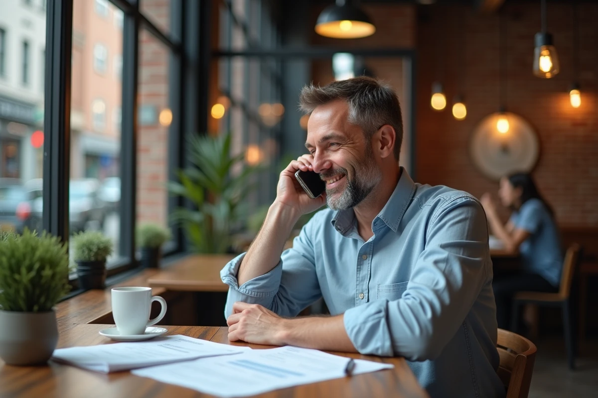 Homme détendu travaillant et parlant au téléphone dans un café urbain