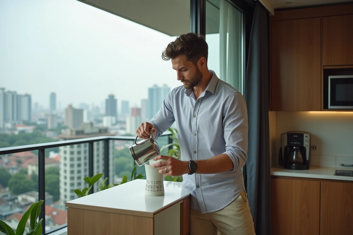 Homme caucasien versant du caf&eacute; dans un appartement &agrave; Bangkok
