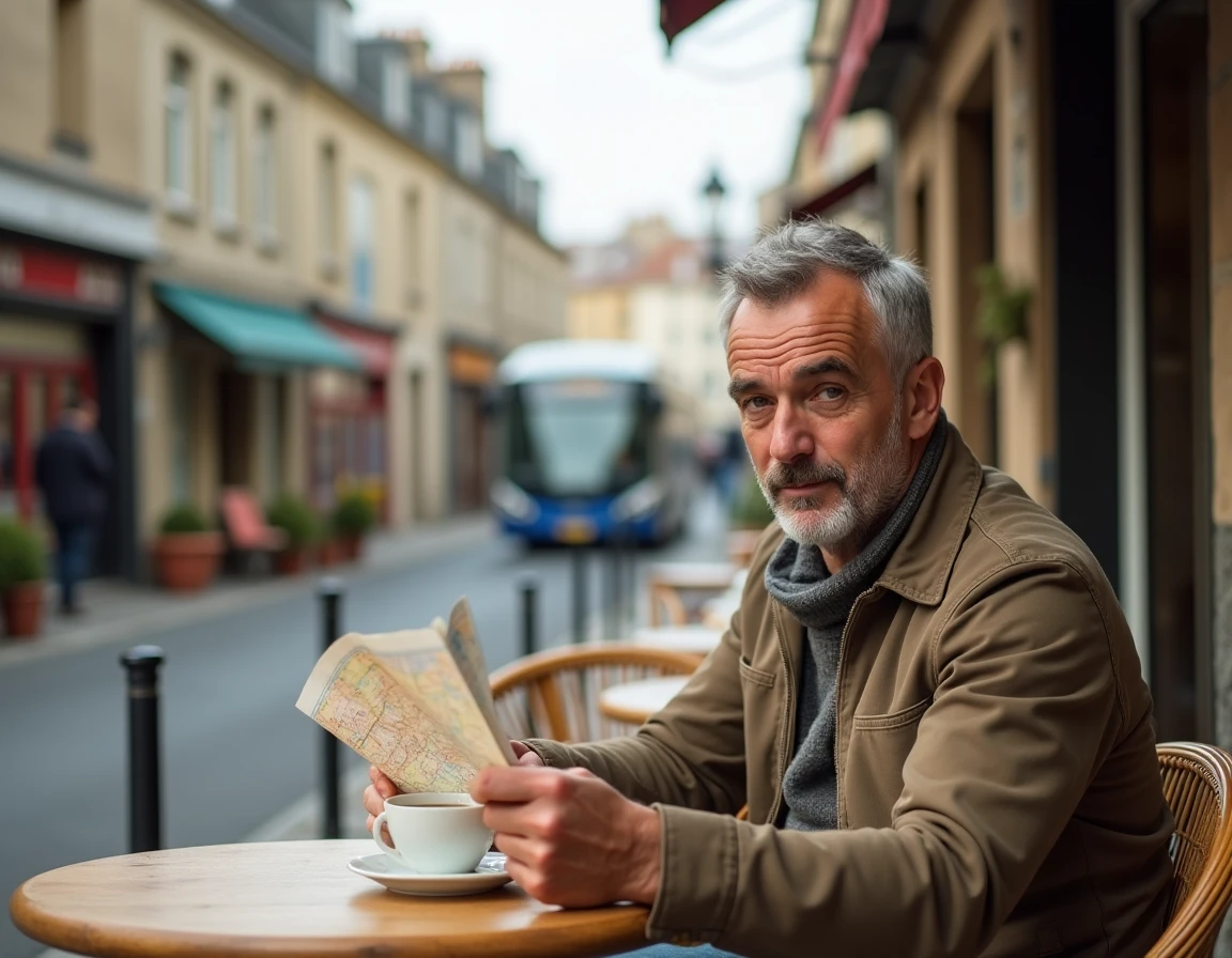 Homme consultant une carte en terrasse de café dans le quartier Saint-Servan à Saint-Malo, secteur bien desservi sans voiture