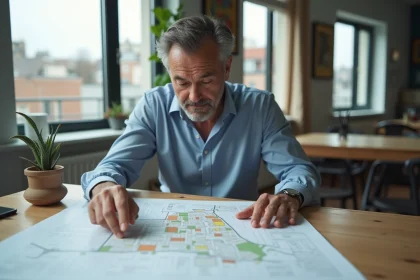 Homme d'&acirc;ge moyen examinant une carte d'urbanisme dans un appartement lumineux