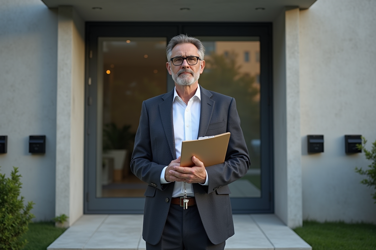 Homme bien habille devant un immeuble résidentiel urbain