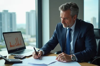 Homme d'affaires en costume bleu examine un contrat de location au bureau