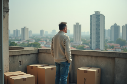 Homme d'&acirc;ge moyen sur un balcon urbain avec cartons