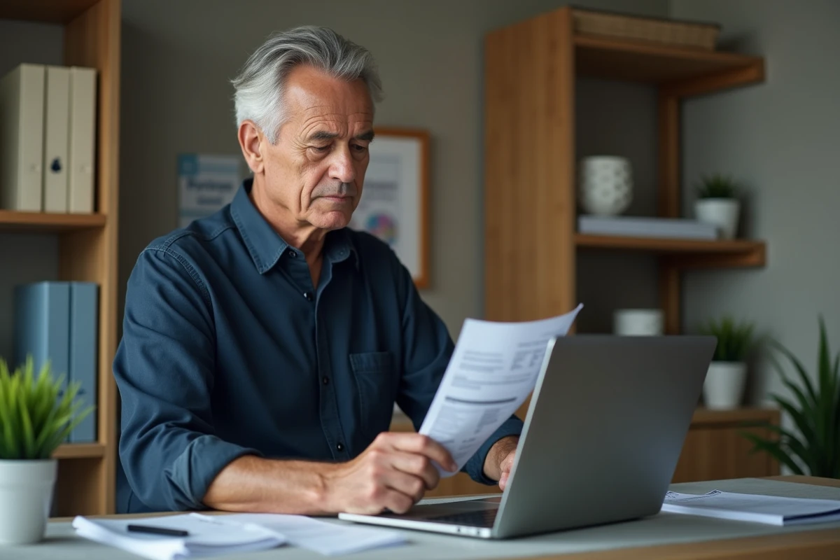 Homme gérant les démarches administratives d'une succession avec factures et ordinateur