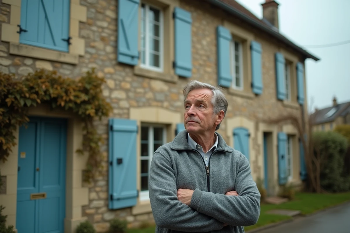 Homme contemplant la maison familiale en pierre qu'il souhaite racheter à ses parents, façade traditionnelle française