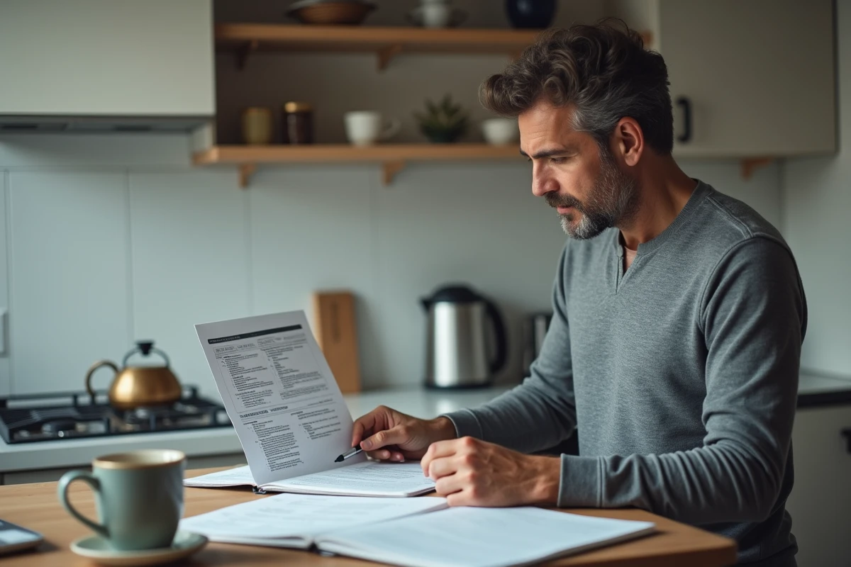 Homme consultant des documents de dossier logement social dans une cuisine avant d'envoyer une relance par mail