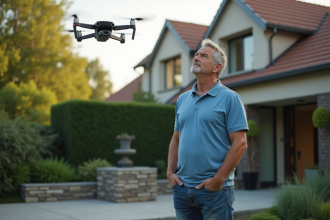 Homme d'âge moyen regardant un drone au-dessus de son jardin