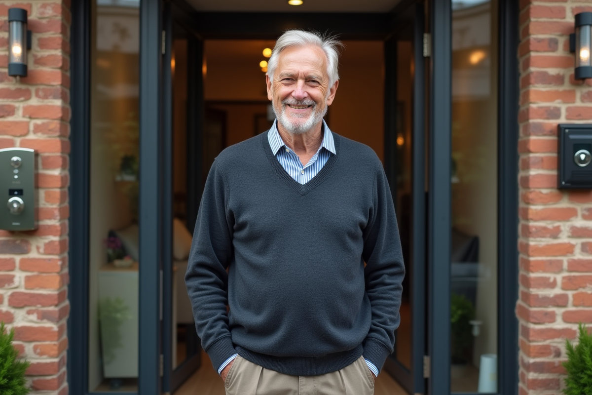 Homme d age devant un immeuble résidentiel urbain